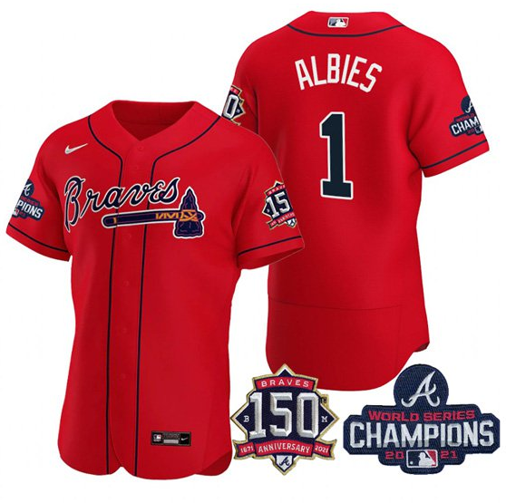 Men's Atlanta Braves #1 Ozzie Albies 2021 Red World Series Champions With 150th Anniversary Flex Base Stitched Jersey Men's Atlanta Braves #1 Ozzie Albies 2021 Red World Series Champions With 150th Anniversary Flex Base Stitched Jersey